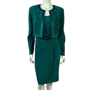 Karin Stevens Emerald Green Two Piece Dress Suit Embroidered Jacket Size 10
